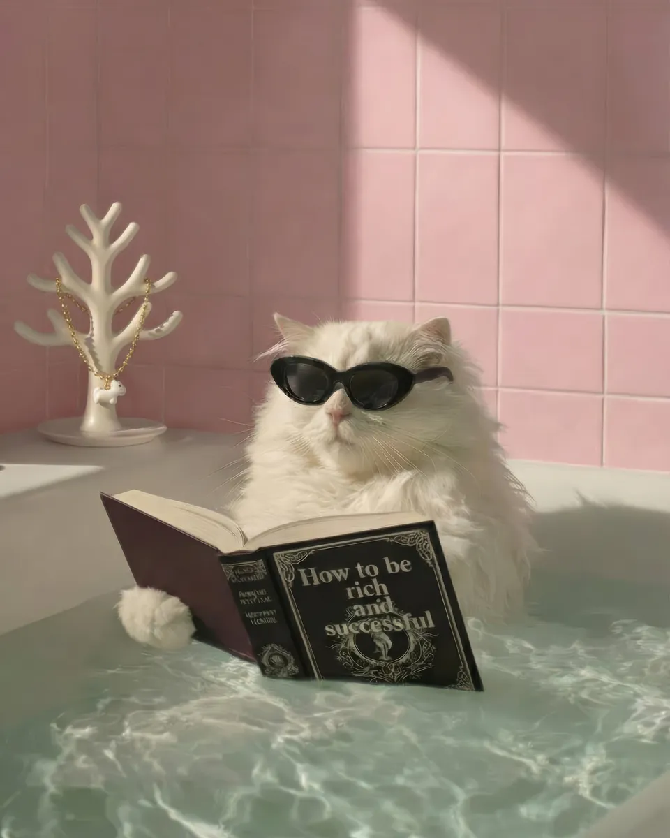 Кошка в ванне читает книгу